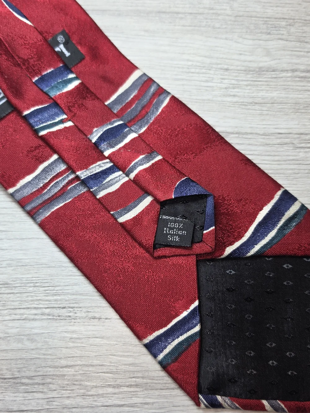 Vintage Bugatti Necktie 100% Italian Silk Men's Abstract Navy, Red, White 56in